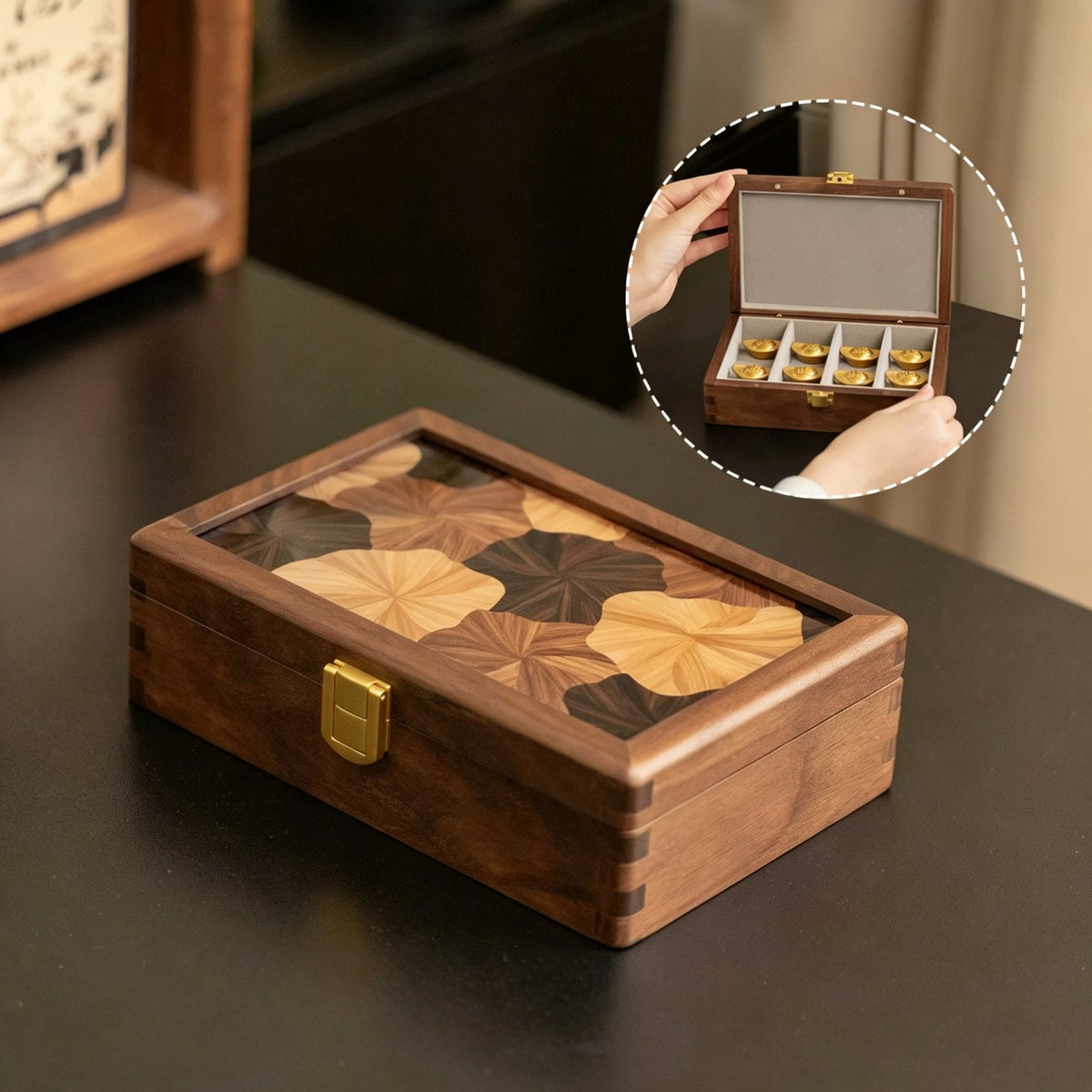 Inlaid Walnut Jewelry & Keepsake Box | Velvet Lining, Brass Clasp