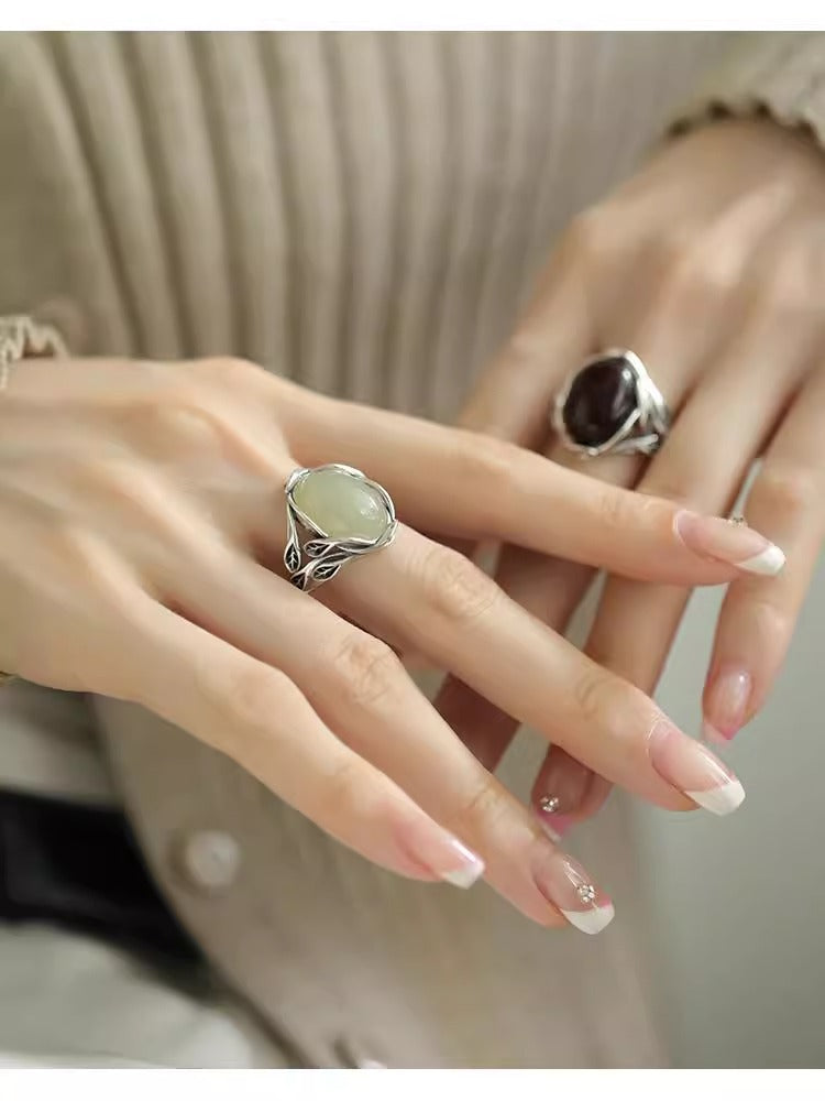 The Bud of Hope Ring | Leaf & Gemstone Ring for New Beginnings | Sterling Silver