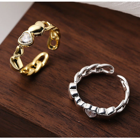 Heart Chain Ring | Interlocked Love Ring | Sterling Silver Adjustable | Romantic Gift