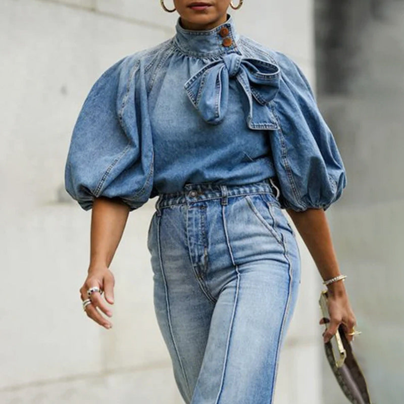 American Trends Women's Denim Shirt 1/2 Bubble Sleeve