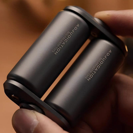 Two black Audipetation batteries held in a hand against a brown background