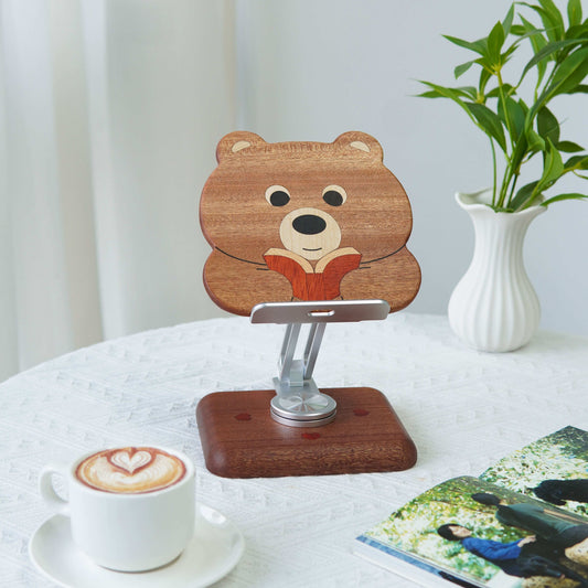 Animal Wood Phone Stand, 360° Rotating Holder, Cute Desktop Gift