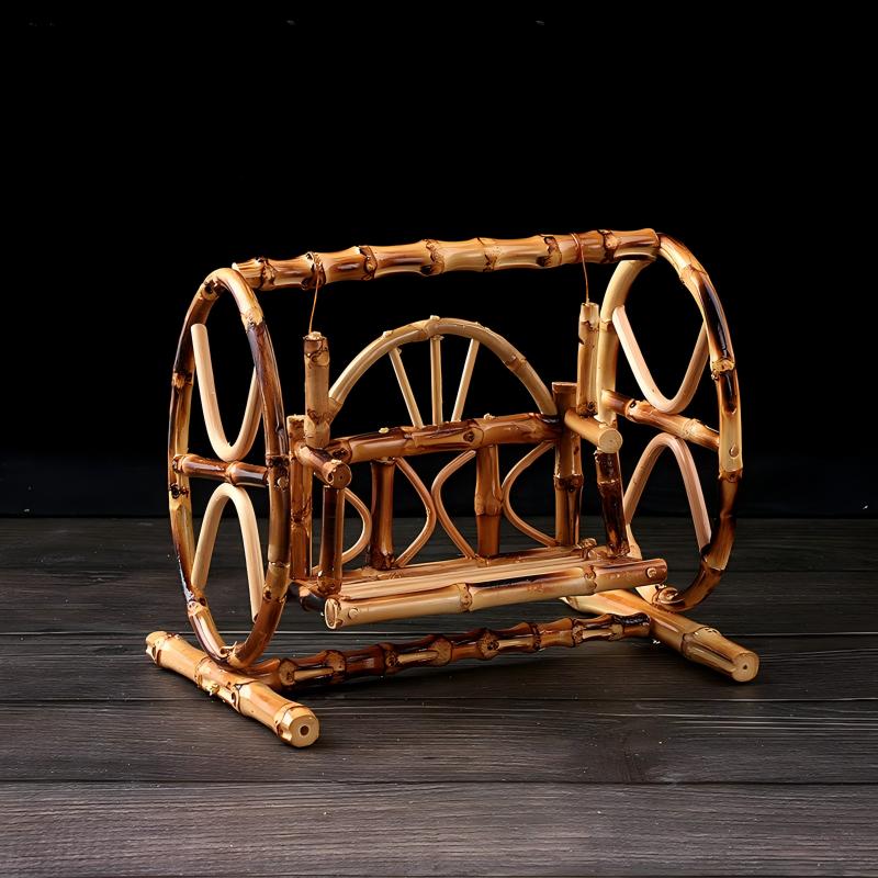 Bamboo magazine rack on a dark wooden surface with a black background