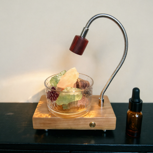 Crystal Stone Essential Oil Warmer Night Light | Walnut & Rosewood Shade | Engravable Wood Desk Decor