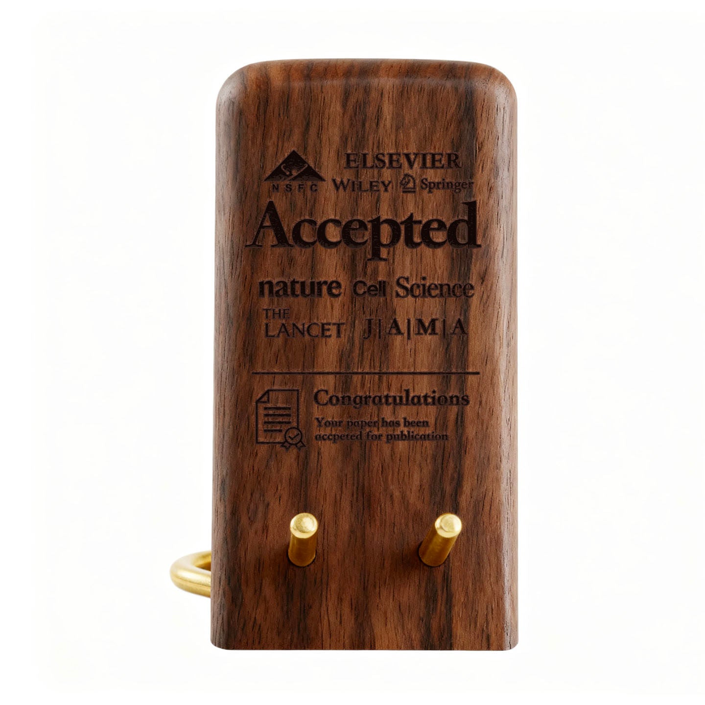 Custom Engraved Wooden Phone Stand, Black Walnut & Brass, Good Luck Gift