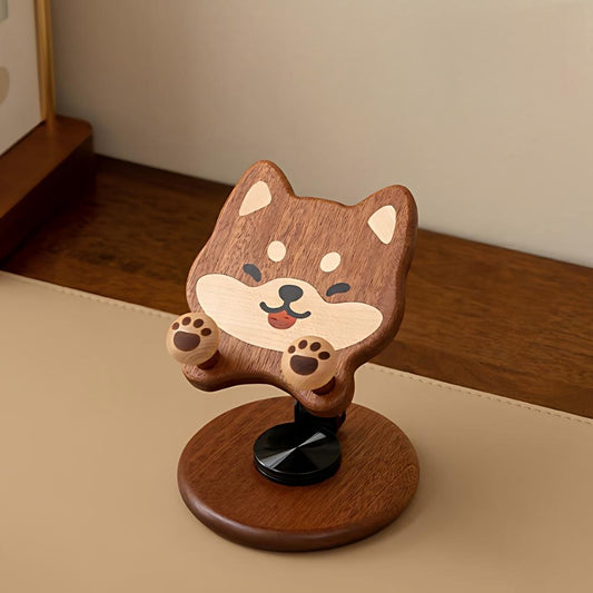 Cute Animal Wooden Phone Stand, Shiba Inu & Totoro, 360° Rotating Holder