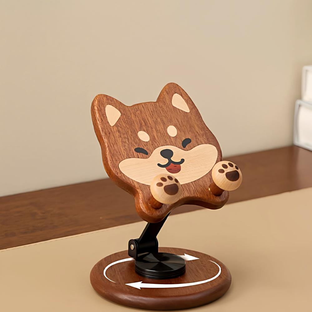 Cute Animal Wooden Phone Stand, Shiba Inu & Totoro, 360° Rotating Holder