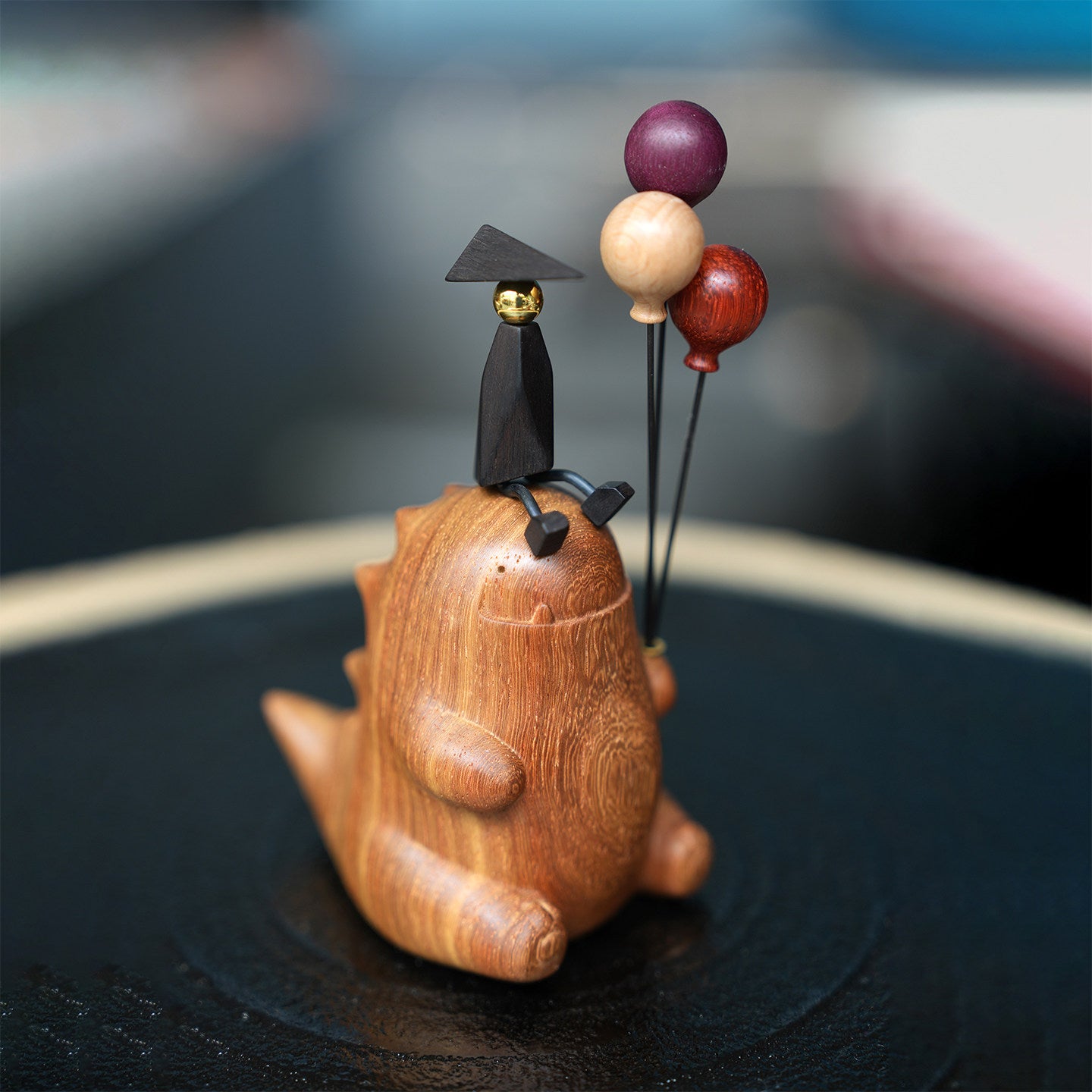 Dinosaur with Balloons Desktop Ornament | Handcrafted Wood Sculpture | Whimsical Gift