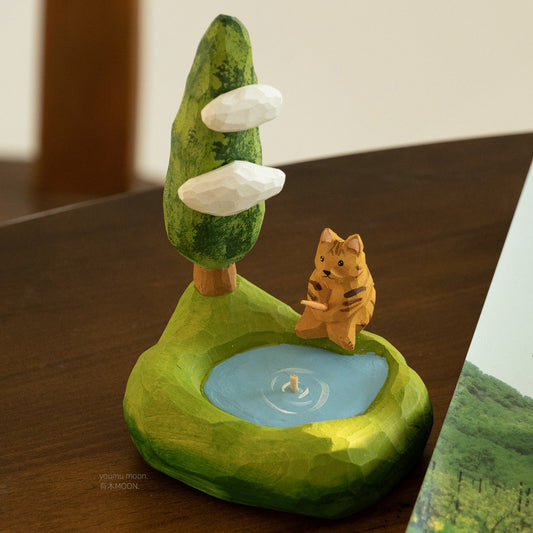Fishing Cat Wooden Sculpture, Handcrafted Solid Wood Desk Art, Cozy Cat Gift