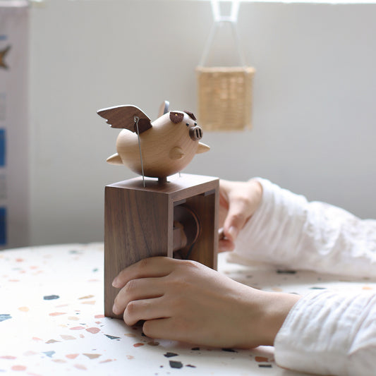 Flying Pig Music Box - stress relief, handcrafted wood, creative gift - alternate angle