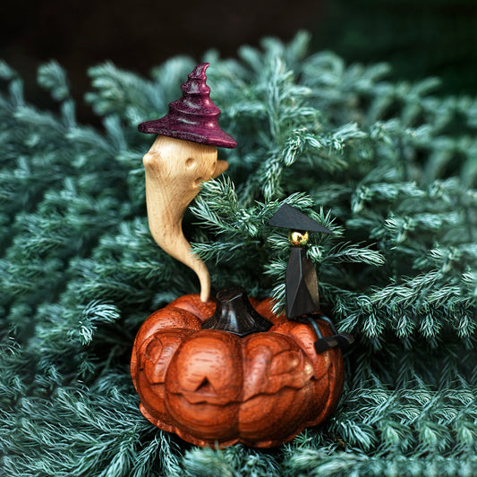 Halloween Pumpkin Ghost Wood Ornament - handcrafted wood, creative gift, Desk & Home Decor - alternate angle