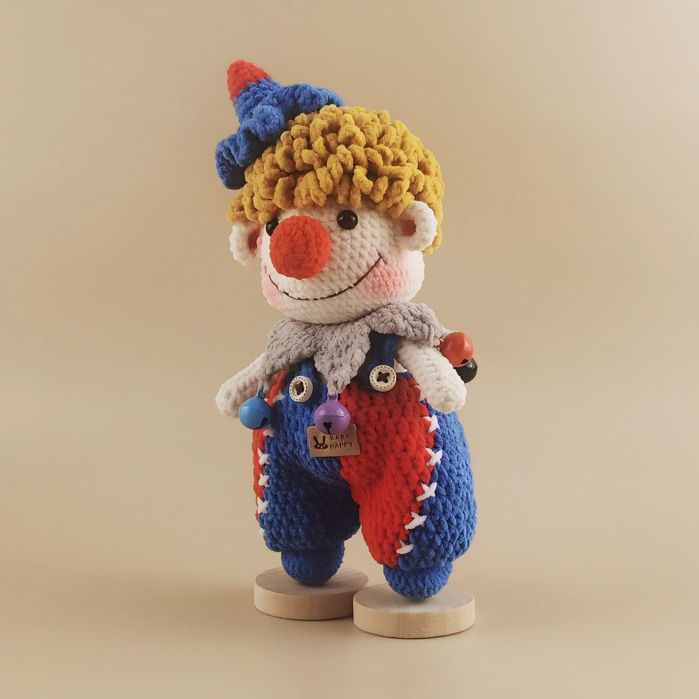 Handmade Crochet Clown Doll | Original Design Yarn Figurine with Wood Stand | Cute Collectible Gift