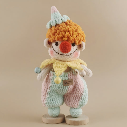 Handmade Crochet Clown Doll | Original Design Yarn Figurine with Wood Stand | Cute Collectible Gift