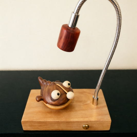Lanternfish Wood Night Light | Cherry Wood Walnut & Brass Desk Sculpture | Engravable Rechargeable Decor