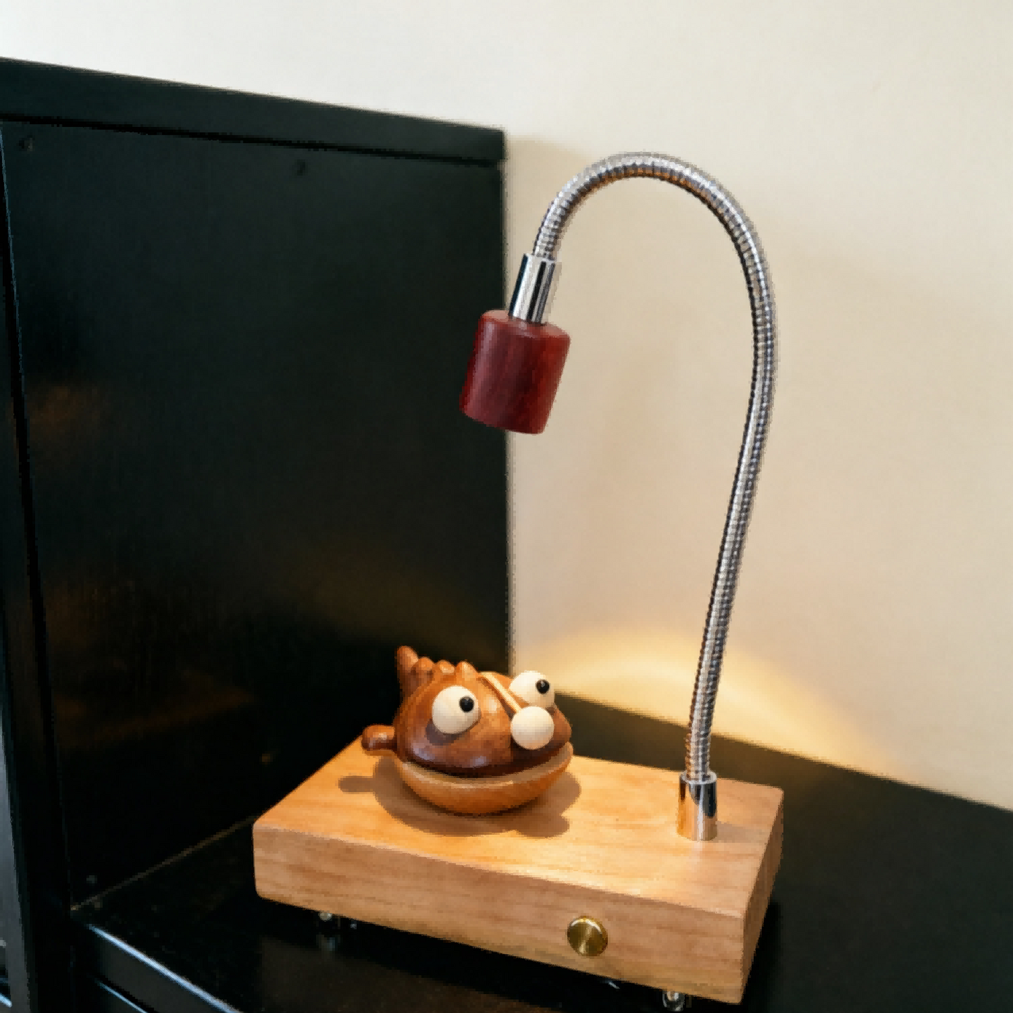 Lanternfish Wood Night Light | Cherry Wood Walnut & Brass Desk Sculpture | Engravable Rechargeable Decor