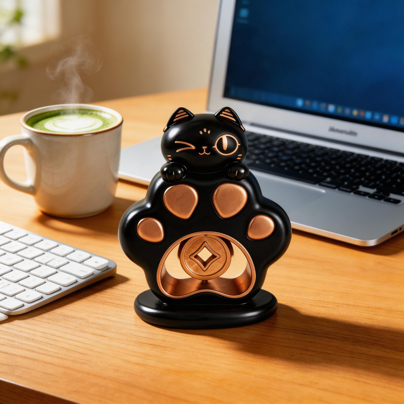 Lucky Cat Rotating Coin Ornament - resin ornament, desk decor, fidget toy - packaging