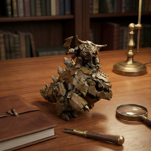 Metallic dragon sculpture on a wooden desk with books and a magnifying glass in the background