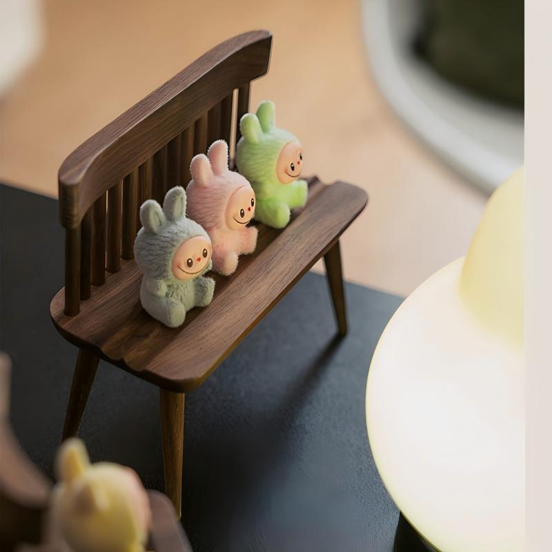 Miniature Walnut Chair & Bench Set | Solid Wood Figurine Display Stand | Desk Sculpture Decor
