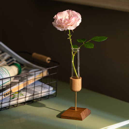 Modern desktop flower holder wood glass