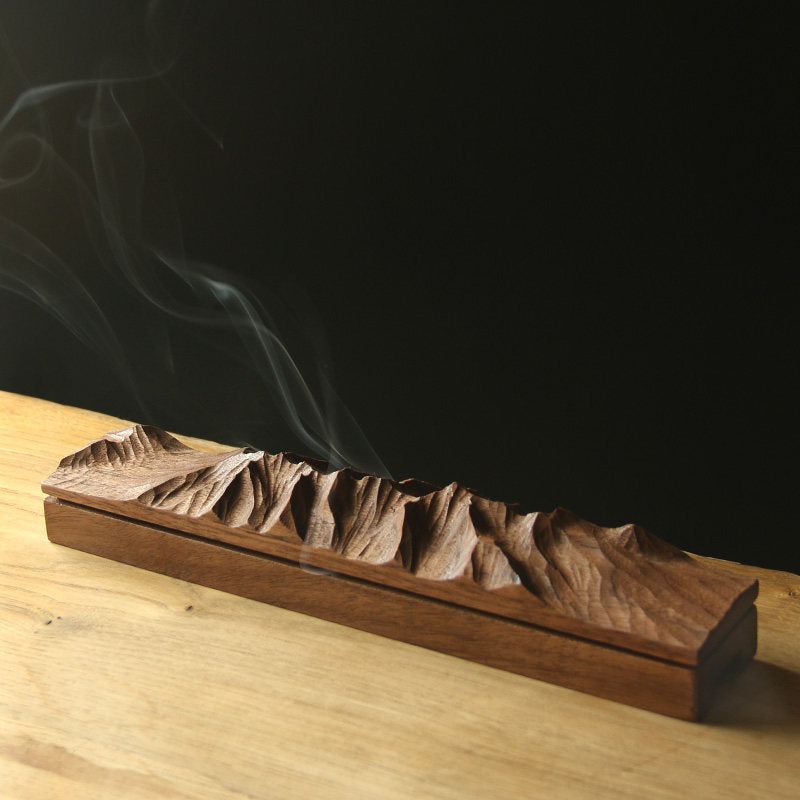 Mountain Ridge Hand-Carved Wood Incense Holder | Zen Tea Room Desk Sculpture | Engravable Gift