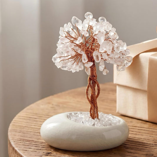 Natural White Crystal Tree of Life | Hand-Woven Copper Wire | Crackle Glaze Ceramic Base | Energy Decor