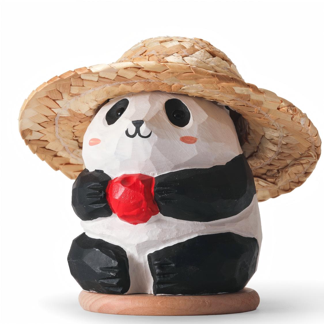 Panda Wood Sculpture with Straw Hat - Handcrafted Desktop Ornament with Custom Base