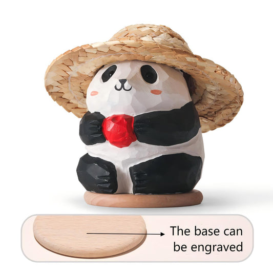 Panda Wood Sculpture, Straw Hat Ornament, Custom Engraving Gift