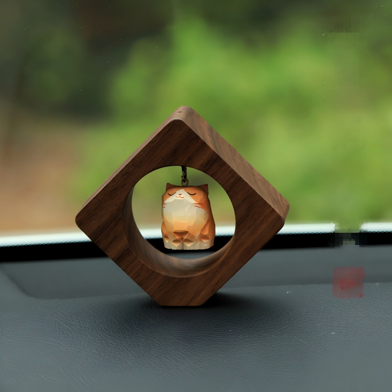 Proud Cat & Shiba Inu Wood Carved Figurine | Walnut Frame Desk Sculpture | Lucky Fortune Gift