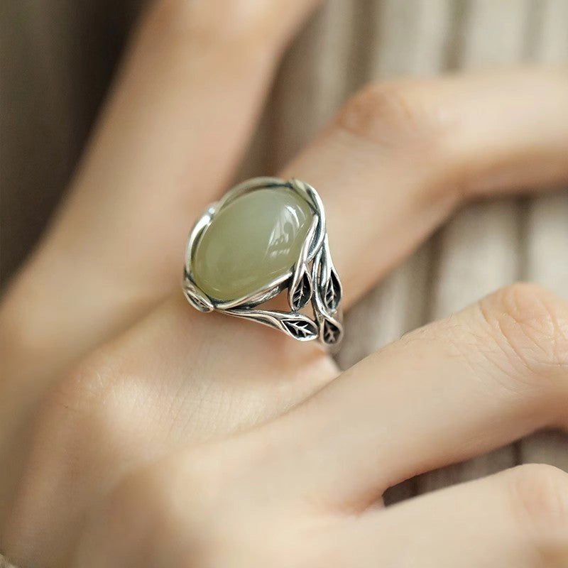 The Bud of Hope Ring | Leaf & Gemstone Ring for New Beginnings | Sterling Silver