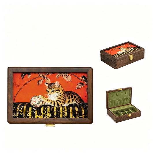 Inlaid Walnut Jewelry & Keepsake Box | Velvet Lining, Brass Clasp