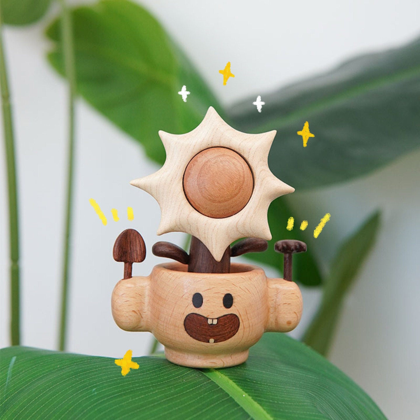 Solid Wood Desk Figurine | Spinning Sunflower Pot or Rocking Horse | Engravable Healing Desk Decor