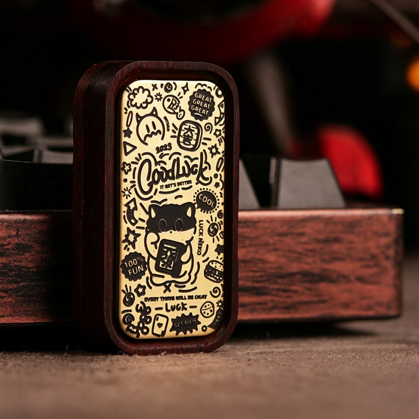 Solid Wood EDC Magnetic Push Card | Black Ebony & Rosewood | Brass Inlay | Stress Relief Fidget