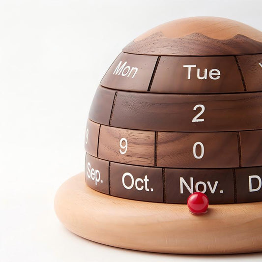 Solid Wood Globe Perpetual Calendar | Black Walnut & Beech | Rotating Desk Calendar | Engravable