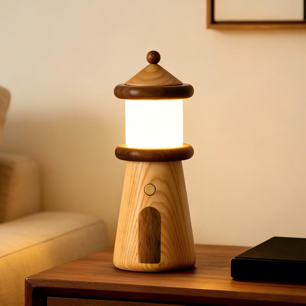 Solid Wood Lighthouse Desk Lamp | Ash & Black Walnut | 3-Color Touch Dimmer | Rechargeable | Engravable