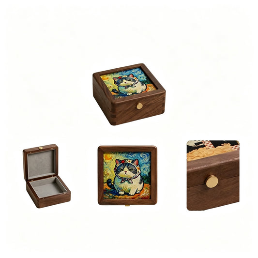 Starry Cat Art Walnut Keepsake Box | Tempered Glass Jewelry Case