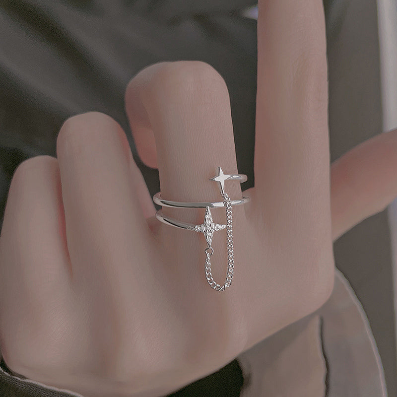 The Starlight Wish Ring | Double Layer Chain & Shooting Star Ring | Adjustable Sterling Silver