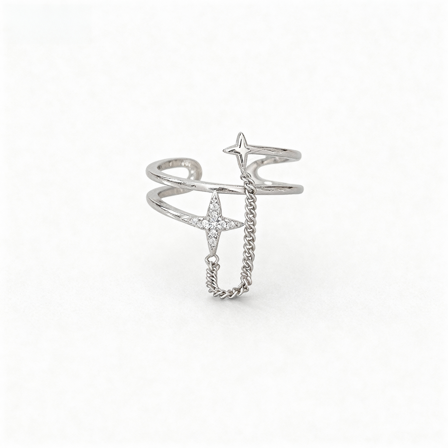 The Starlight Wish Ring | Double Layer Chain & Shooting Star Ring | Adjustable Sterling Silver