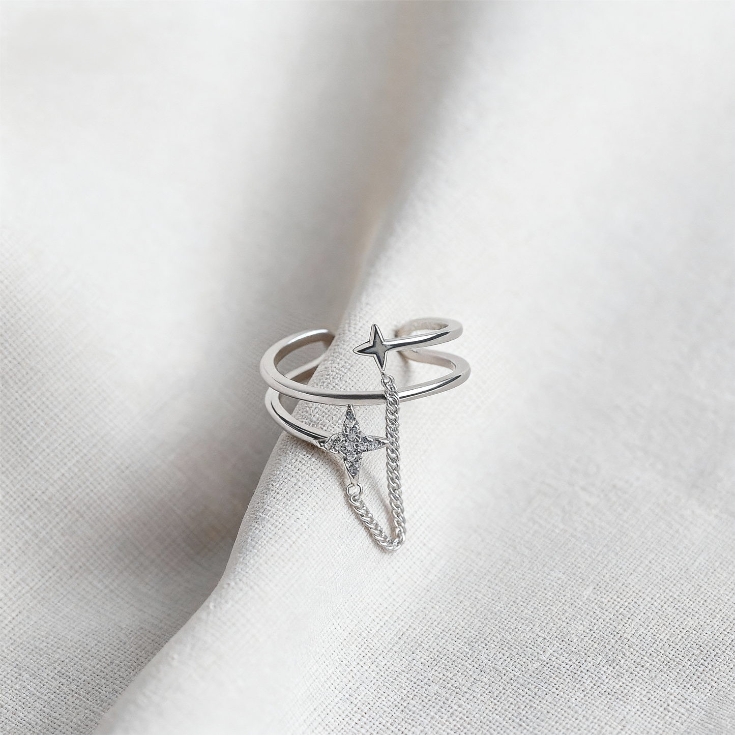 The Starlight Wish Ring | Double Layer Chain & Shooting Star Ring | Adjustable Sterling Silver