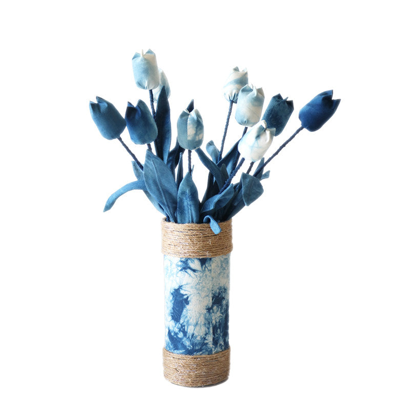 Tie-Dye Woven Vase with Fabric Flowers, Handmade Jute Wrapped Bottle, Positive Energy Gift
