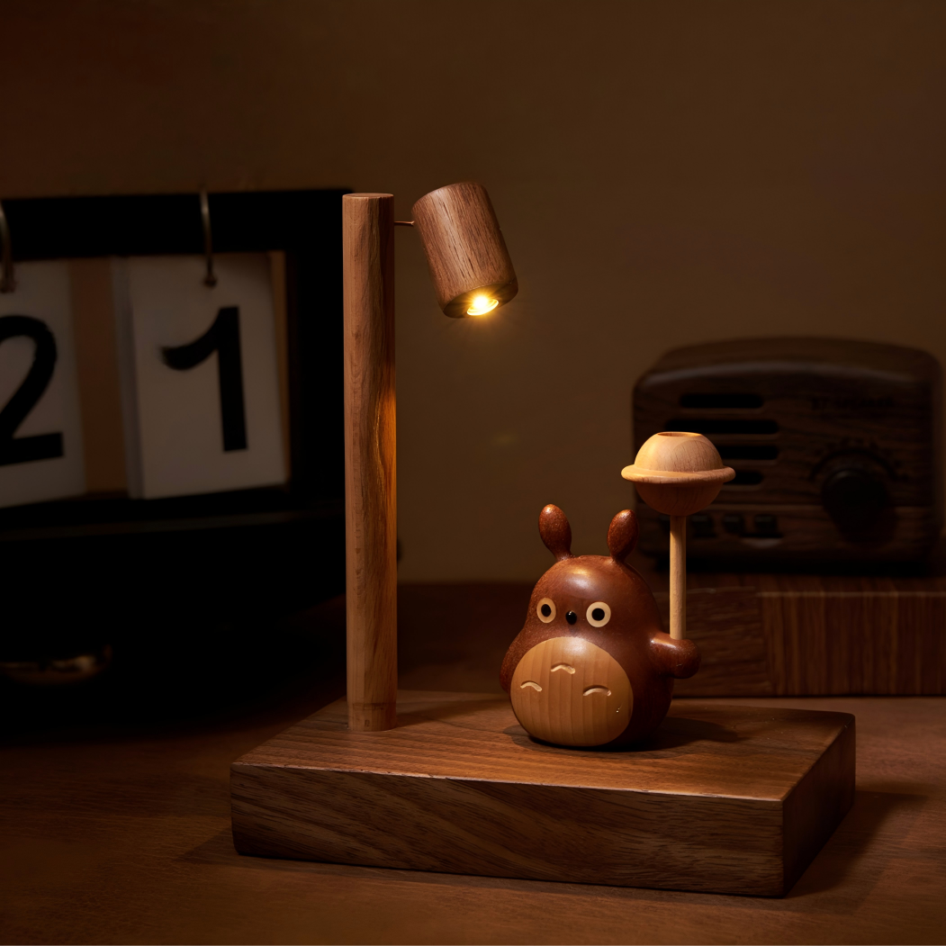 Totoro Aromatherapy Ornament - Handcrafted Wood Display Stand with LED Light