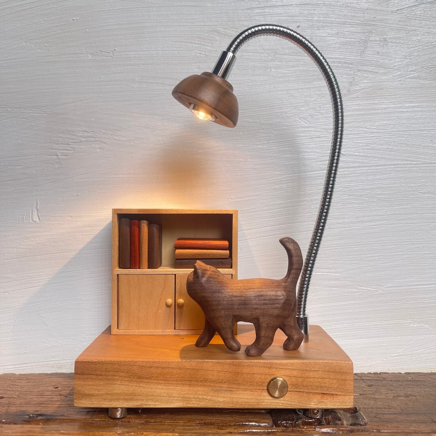 Cat & Cabinet Wood Night Light | Rosewood Walnut Cherry Desk Sculpture | Engravable Rechargeable Decor