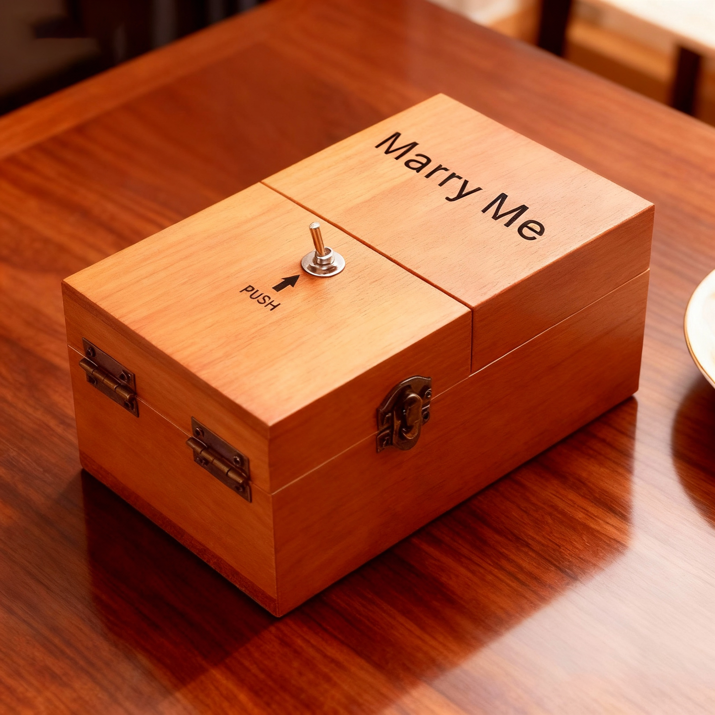 Wooden box with 'Marry Me' and push mechanism on a wooden surface