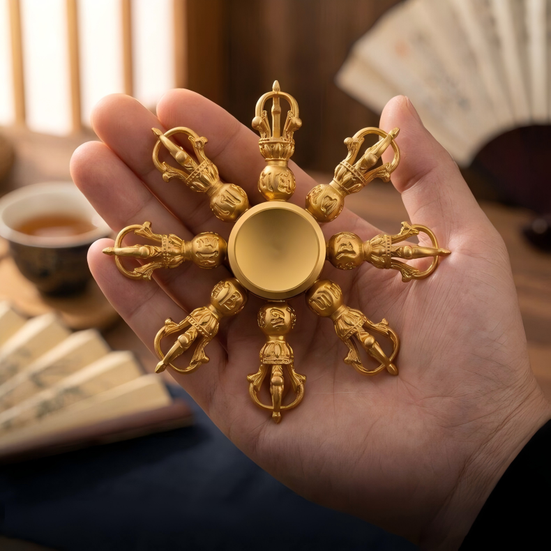 Vajra Dorje Brass Fidget Spinner | 8-Arm Buddhist Scepter EDC Stress Relief | Desk Sculpture Gift