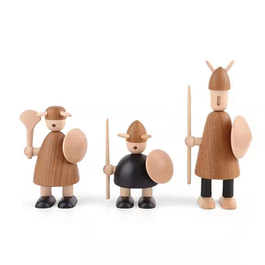 Viking Warrior Wood Figurine - Handcrafted Desktop Ornament Set
