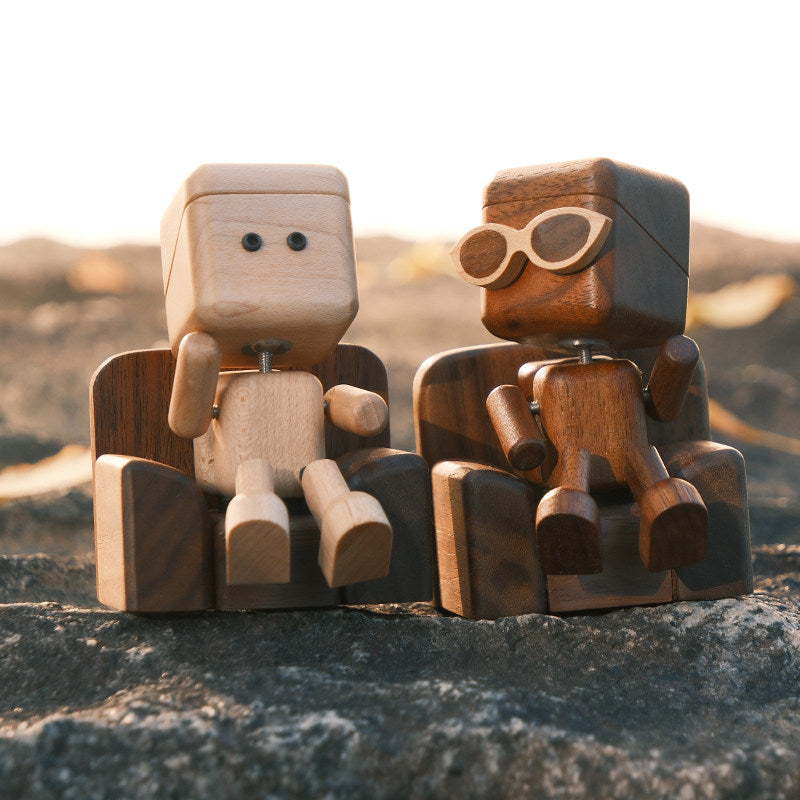 Wobbly-Leg Woody | Solid Wood Robot Figurine with Walnut Sofa & Magnetic Sunglasses | Engravable Desk Decor