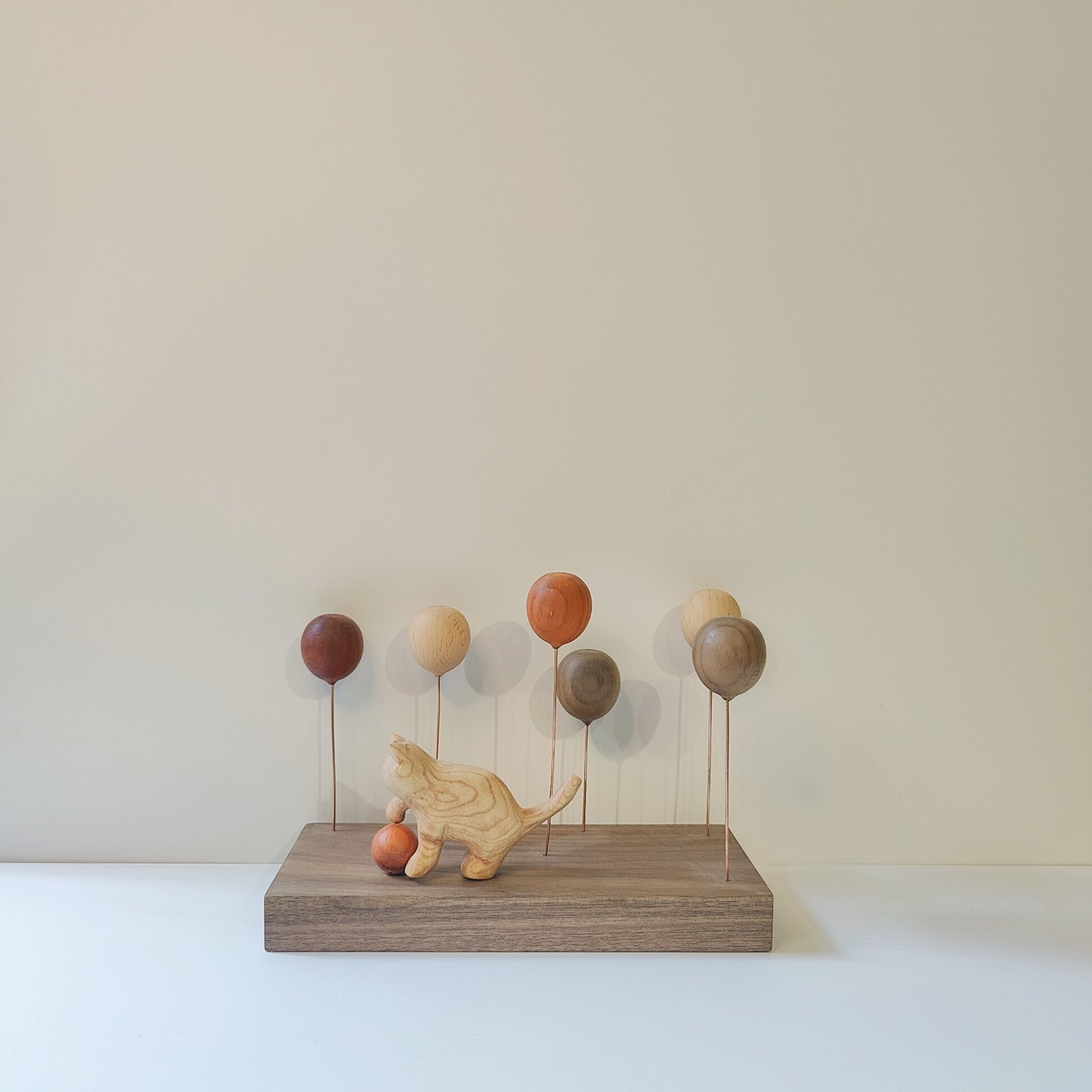 Wooden Balloon Cats Desk Sculpture | Handcrafted Multi-Wood Healing Figurine | Engravable Gift