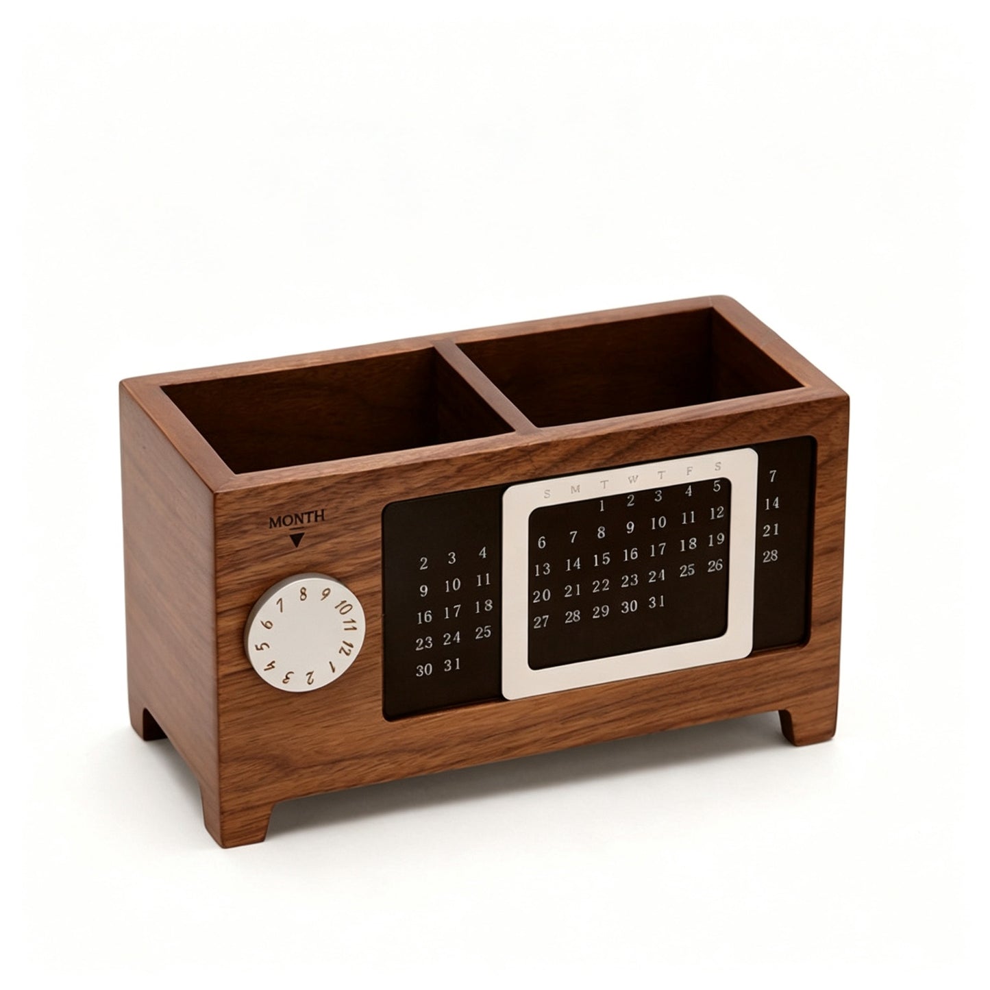 Wooden Perpetual Calendar Pen Holder | Solid Wood Desk Organizer | Magnetic Date Display | Engravable