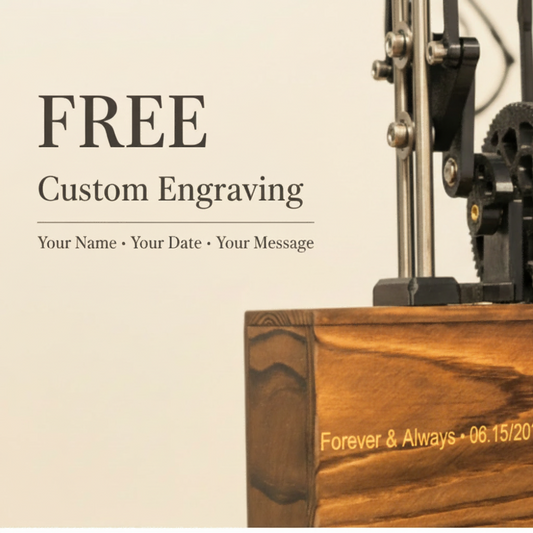 Wooden plaque with engraving tool and text 'FREE Custom Engraving' on a beige background