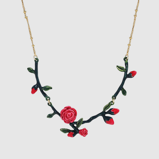Enamel Rose Necklace | Thorns & Flower | Gold Plated Plant Series | Women's Jewelry