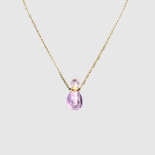Amethyst Perfume Bottle Necklace | Openable Crystal Pendant | Gold Plated Chain | Unique Gift